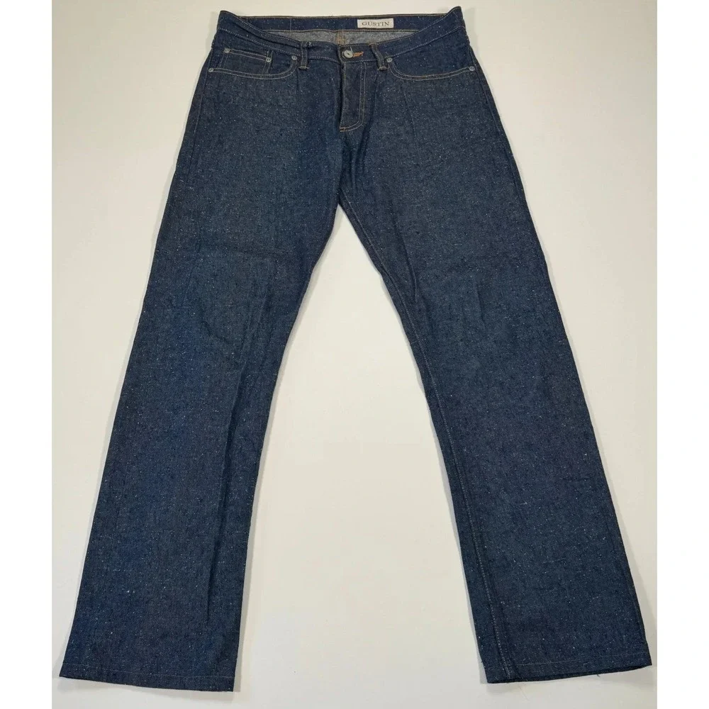 Gustin Slim Fit Mens 33x30 Blue Dark Wash Nep Denim Raw Button Fly Jeans